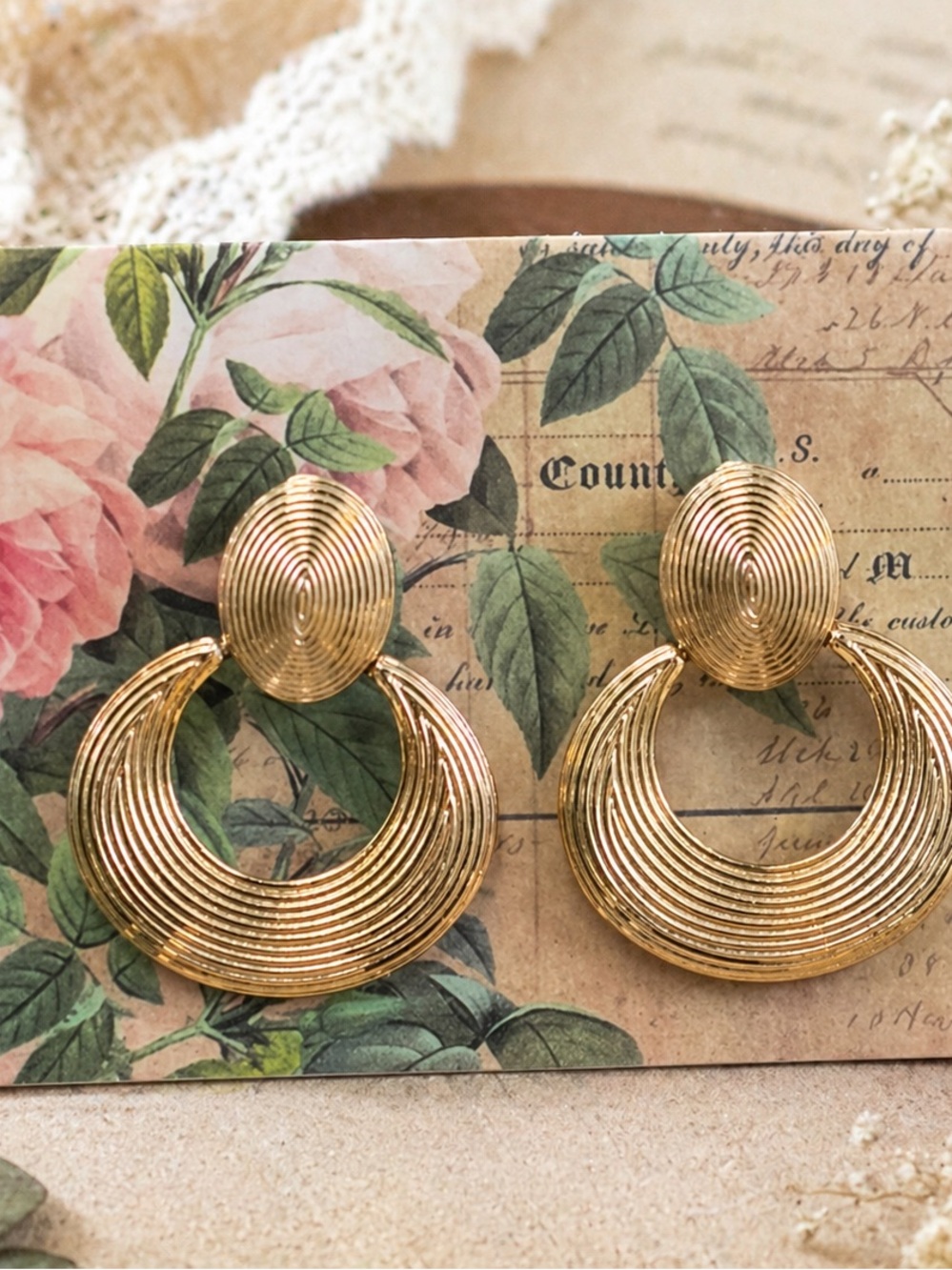 Vintage Gold Statement Earrings Sculptural Hoop Drop